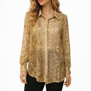 YAL NEW YORK Metallic Gold Snakeskin Semi-sheer Long Sleeve Button Down Shirt
